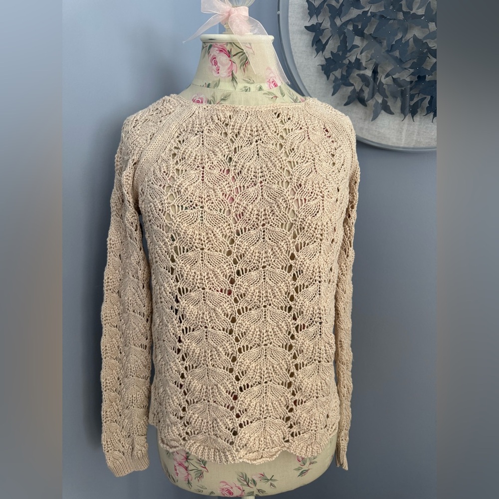 LOFT Open Knit Beige Scallop Pattern Sweater